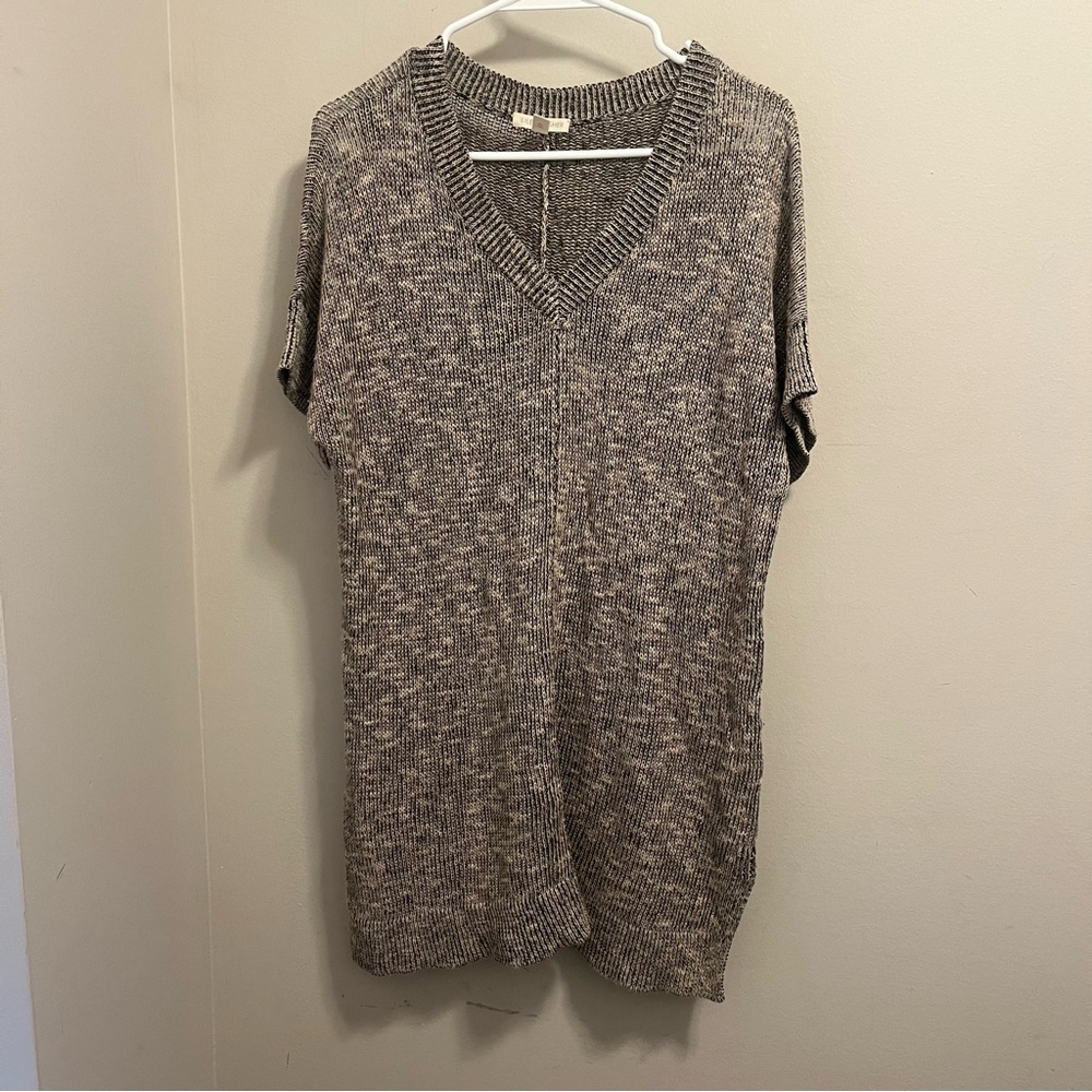 Eileen Fisher Organic Linen Boxy Black Brown Knit V Neck Tunic Small Petite